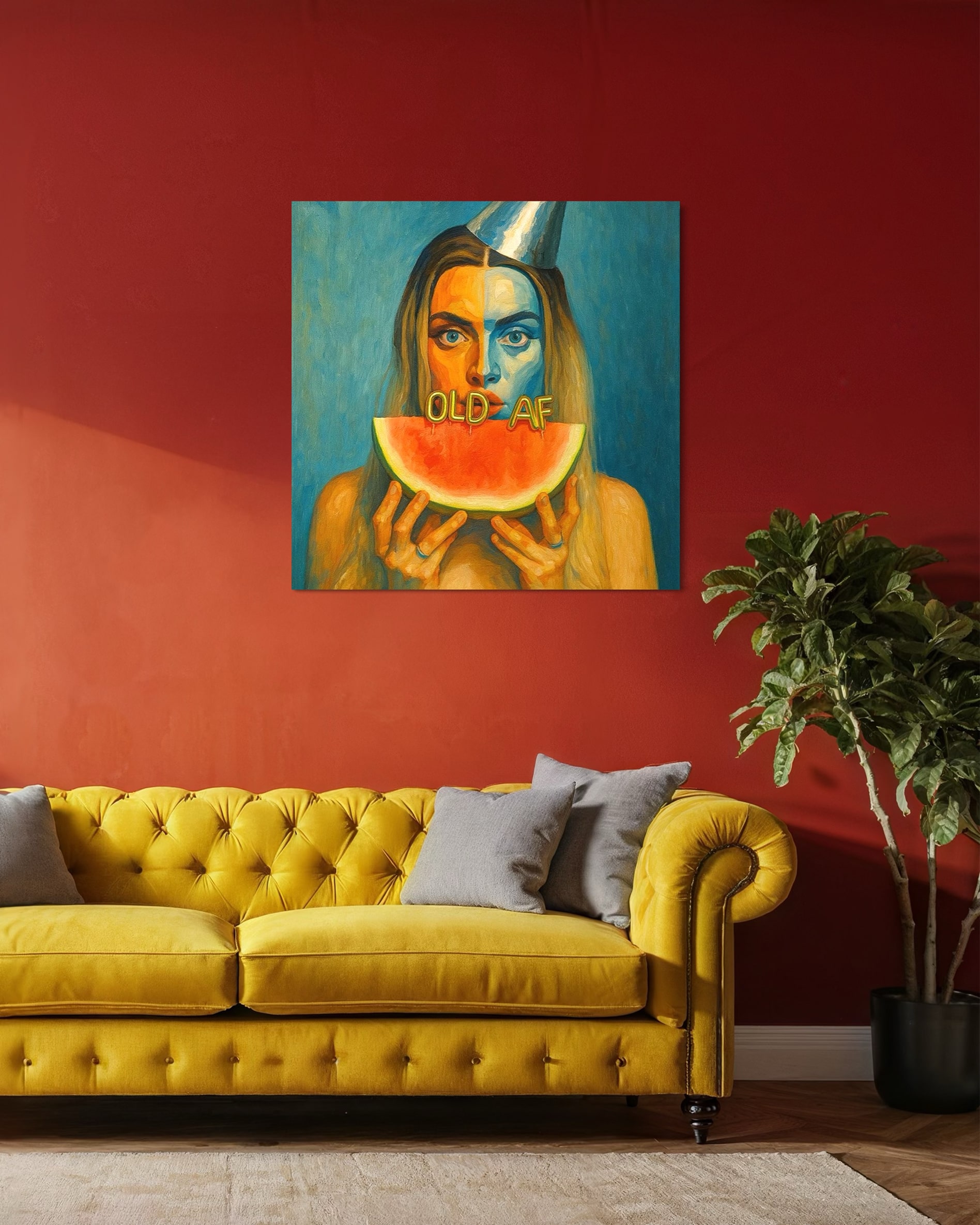 AI-generated painting of a woman hanging above a yellow couch
